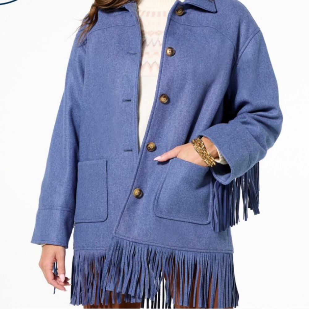 NWT Brushed Faux Melton Jacket w/ Fringe- Dusty Blue- MP